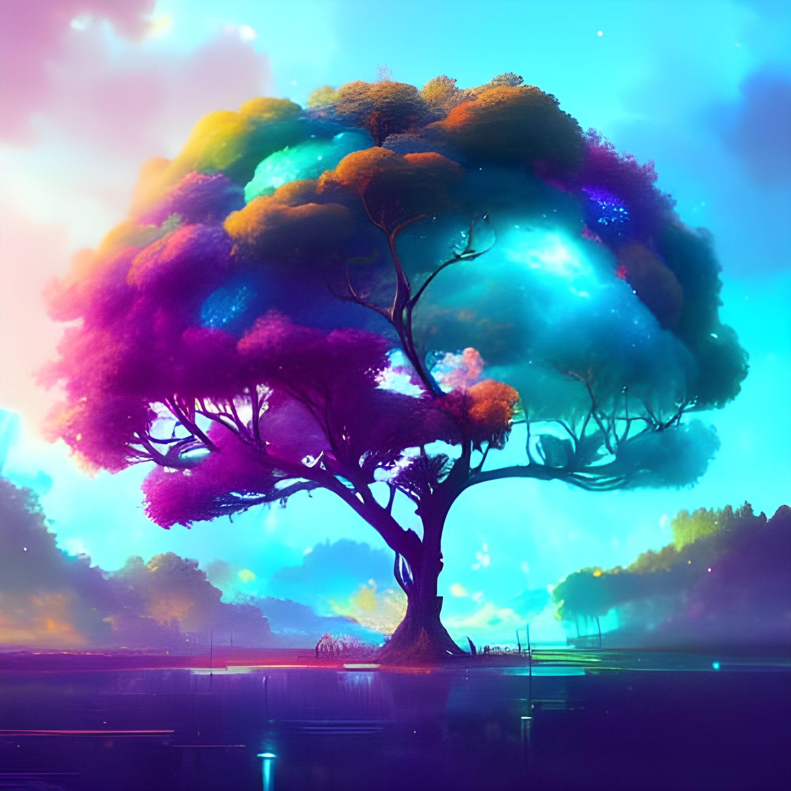 Cosmic Tree Under Mystic Sky: Fantasy Art