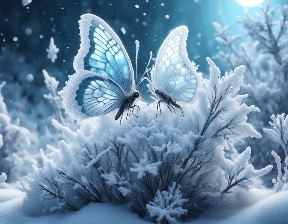 Moonlit Ice Butterflies and Snow Flowers in Ethereal Fantasy