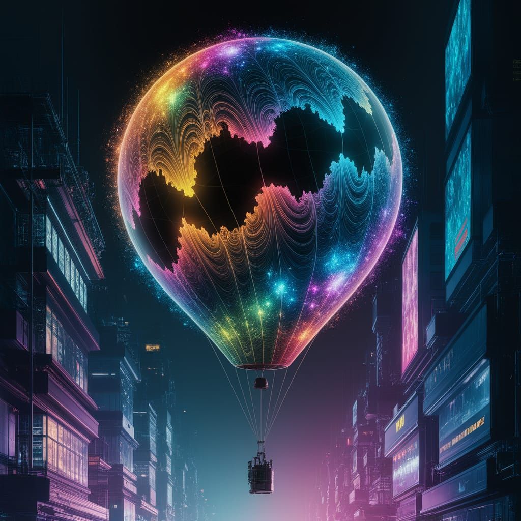 Cyberpunk Galaxy Balloon in Neon Cityscape