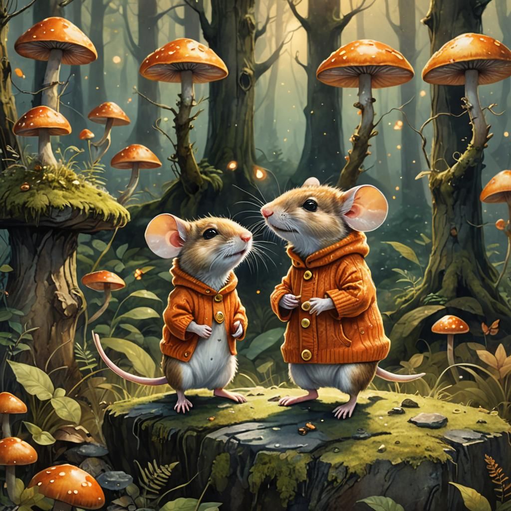 Mouse in Sweater on Forest Pedestal, Watercolor Art