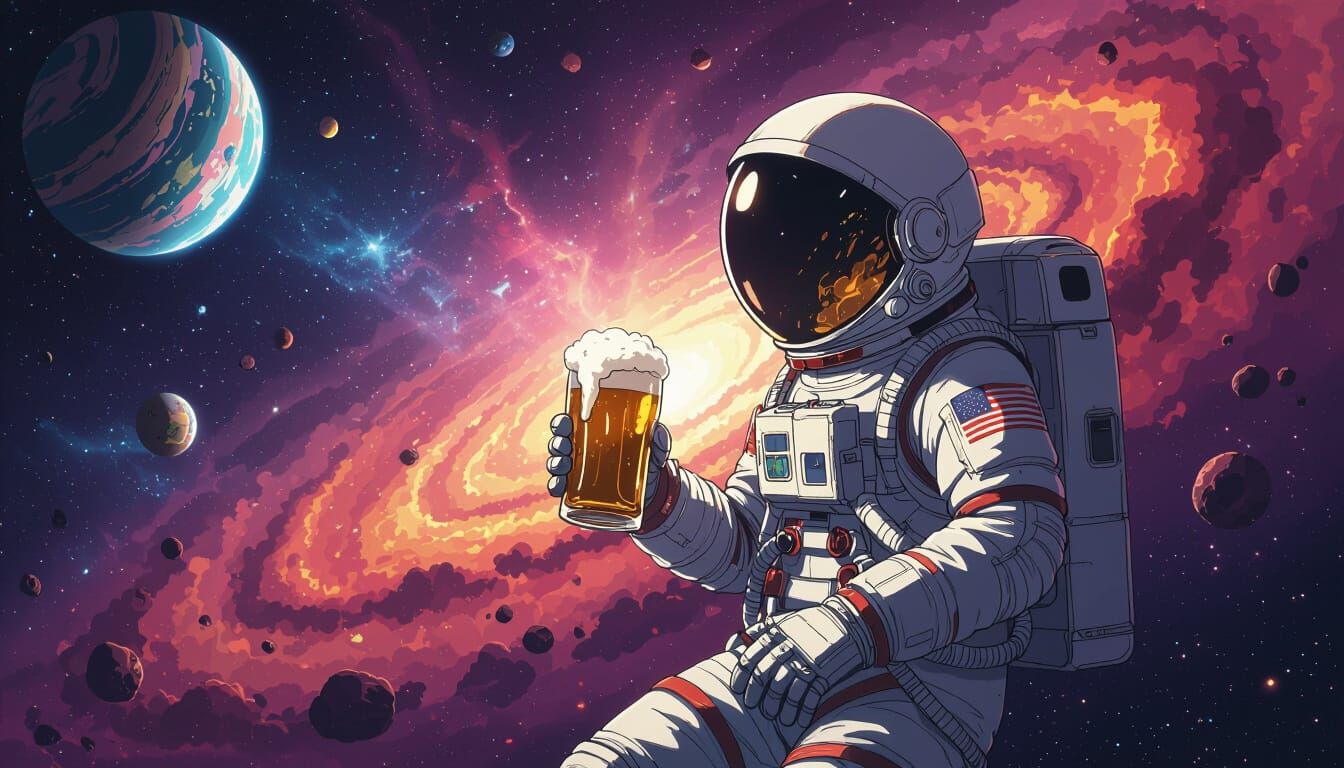 Astronaut Holds Beer Amidst Cosmic Nebula