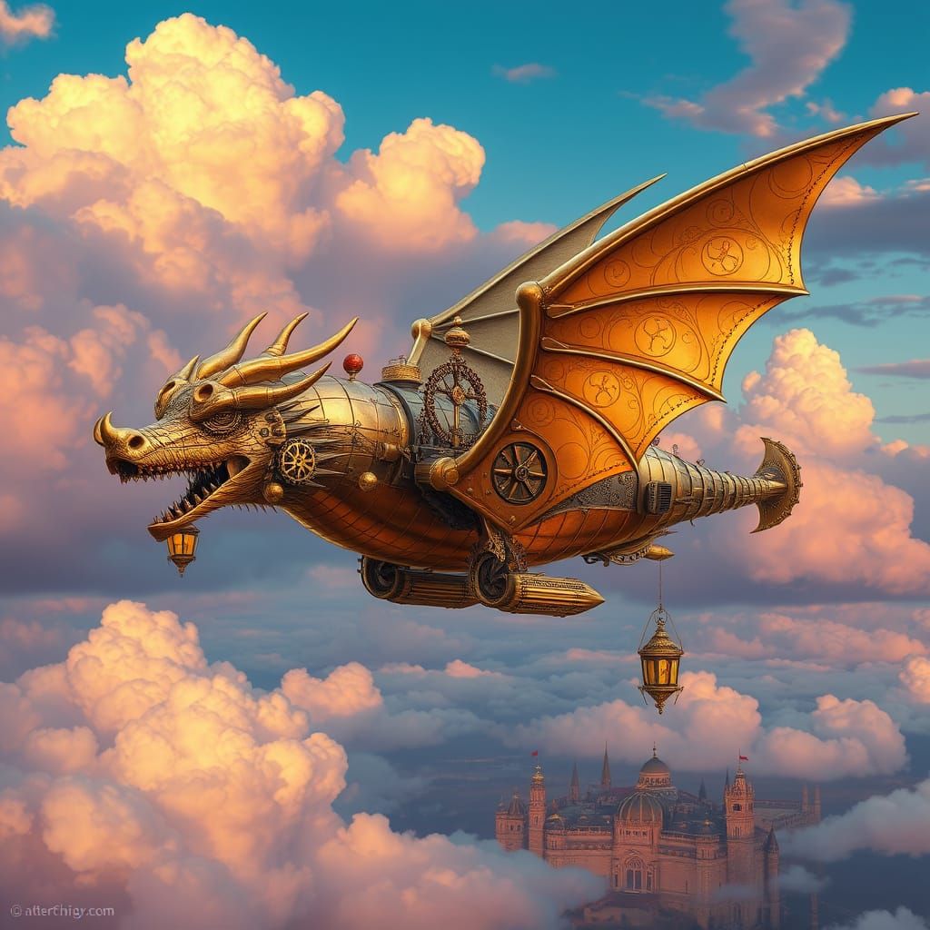 Steampunk Dragon Airship Soaring Through Cloudy Skies