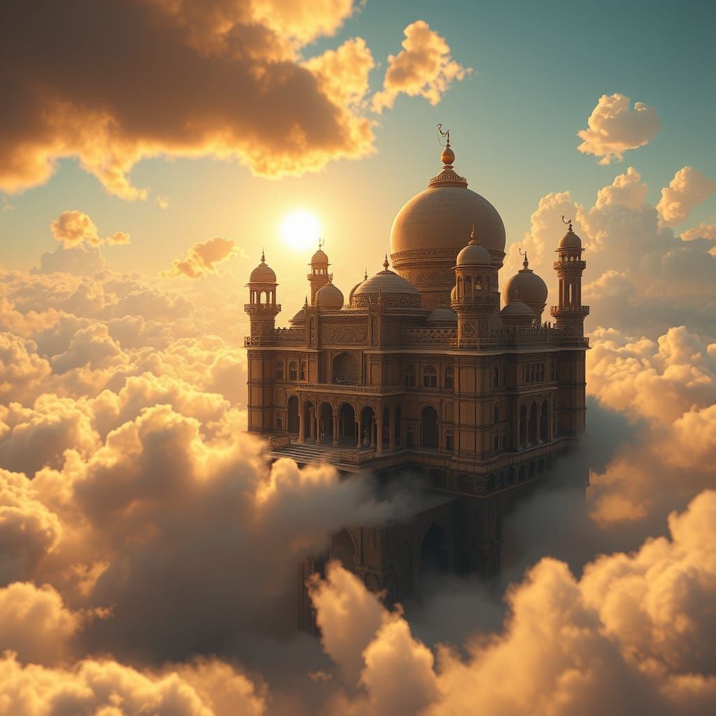 Majestic Arabian Palace Floating Amidst Golden Clouds
