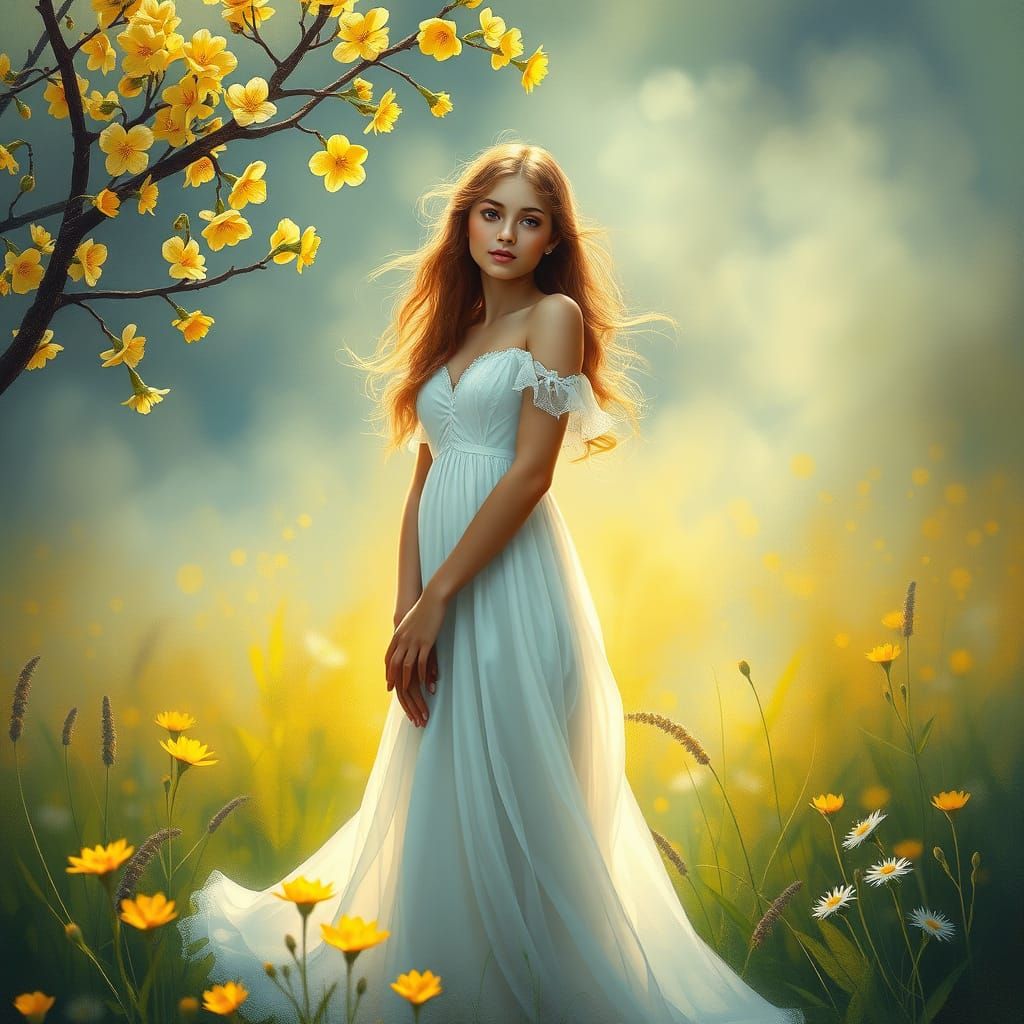 Woman in Meadow with Yellow Blossoms, Luminism Style