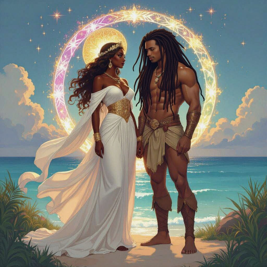 Celestial Goddess Protected by Muscle Man Near Portal