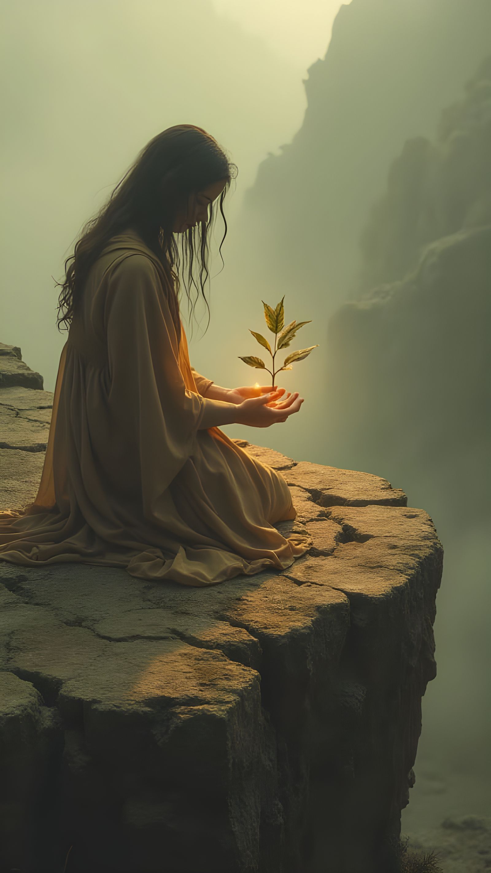 Mystical Fantasy: Glowing Seedling in Desolate Landscape