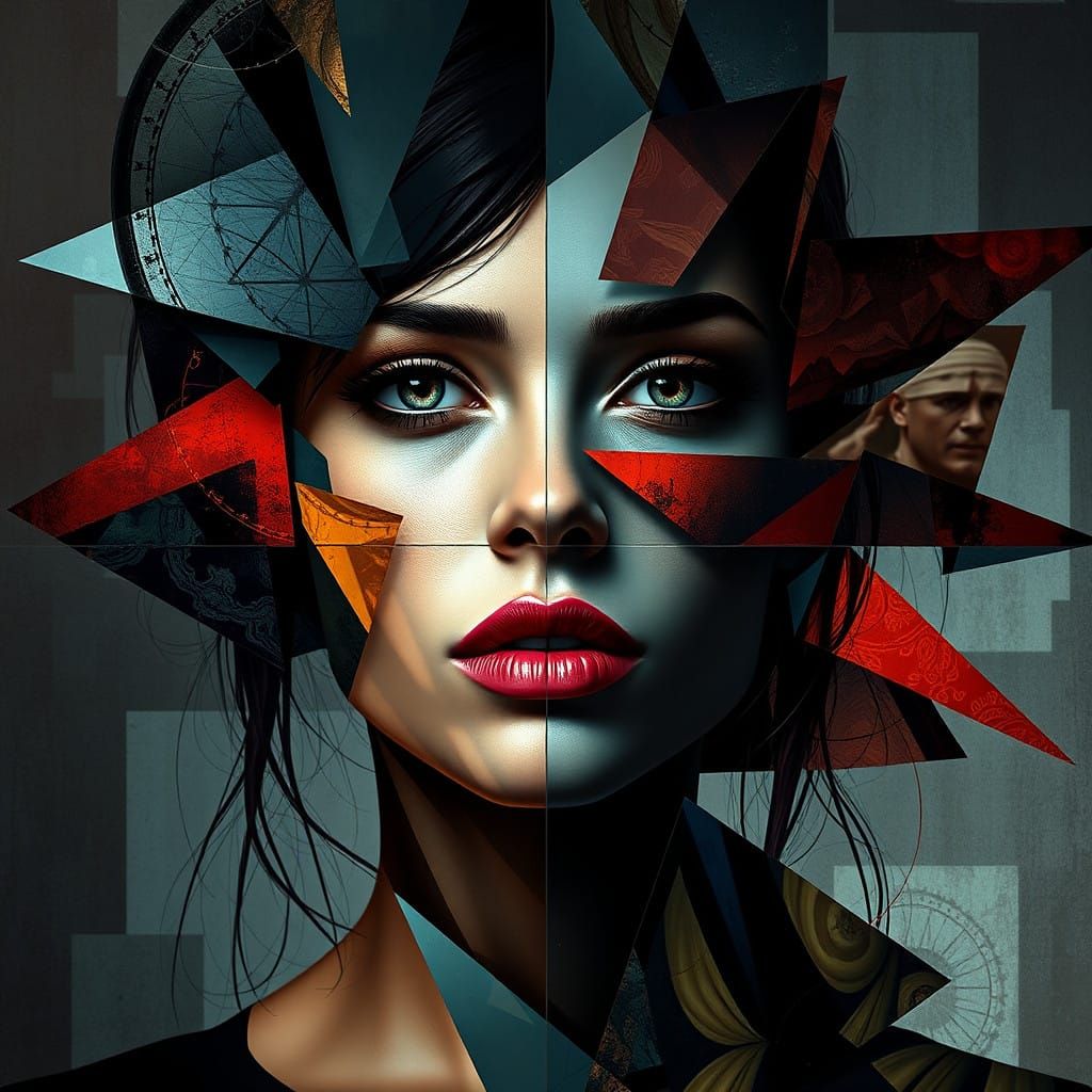 Cubist Fragmentation: A Mysterious Woman Emerges in Vibrant,...