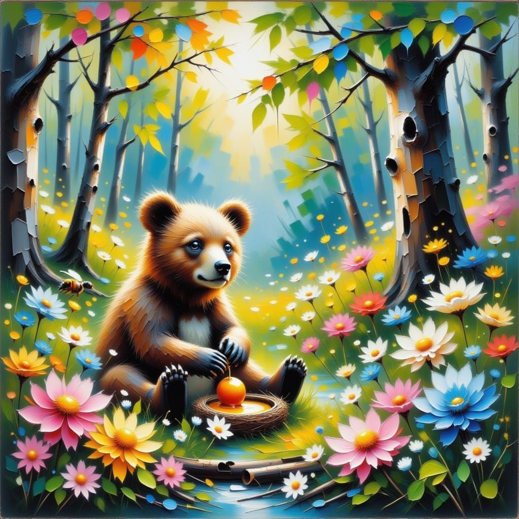Whimsical Bear in a Sun-Drenched Forest Scene, Impasto Paint...