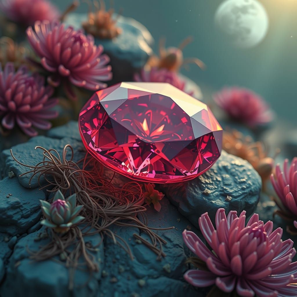 Priceless Ruby in Epic Alien Landscape, Cinematic Lighting