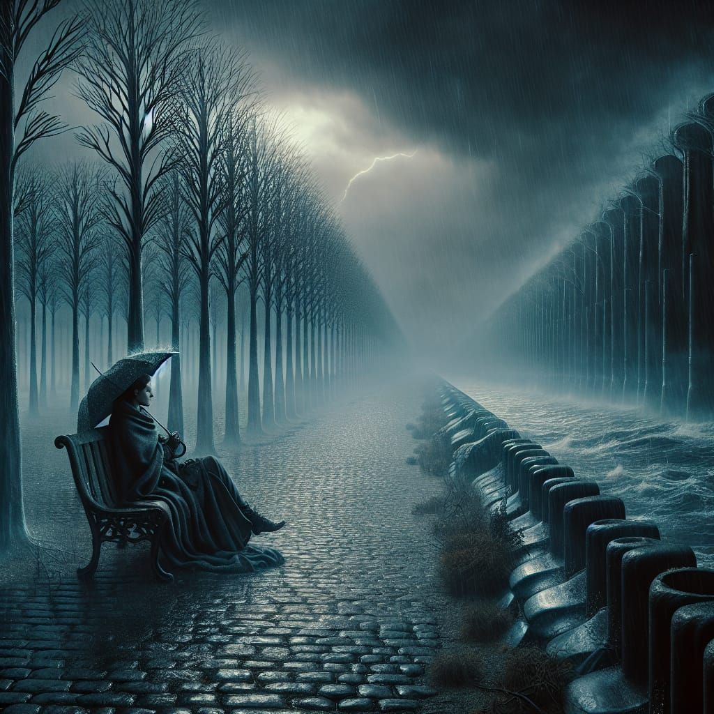 Ethereal Futuristic Scene with Woman on Bench