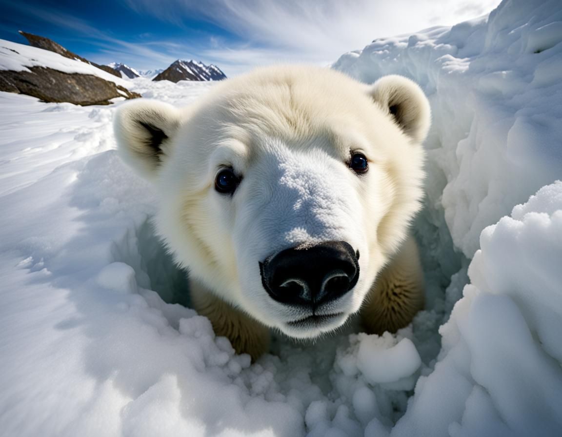 Polar Bear Cub Peeks Out From Snowy Den
