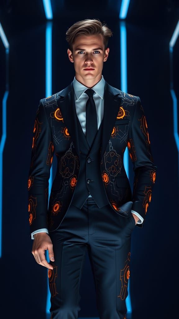 Visionary Futurist in Dark Navy Suit with Glowing Circuits