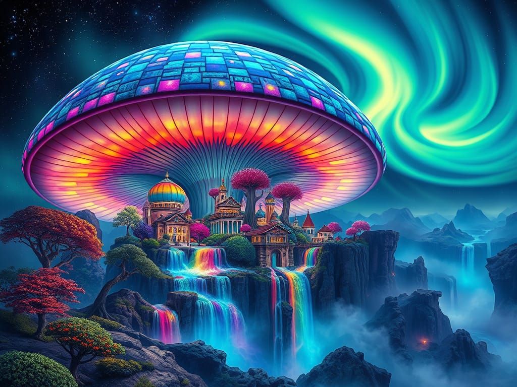 Iridescent Cityscape with Radiant Mushroom and Jewel-Toned T...