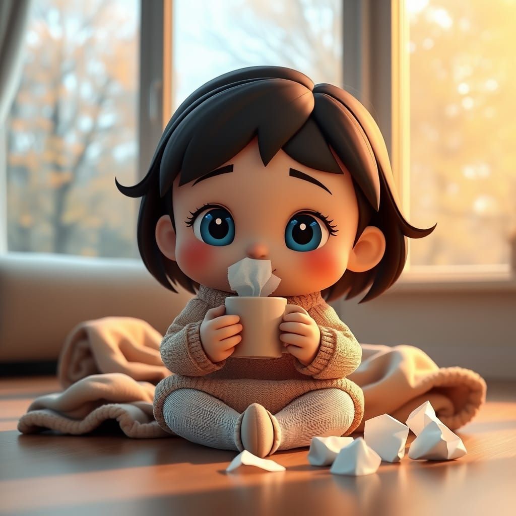 Adorable Chibi Girl Cozy Living Room Rainy Day