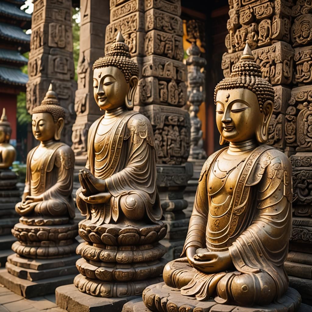 Grand Buddhist Temple Exterior with Carved Pillars