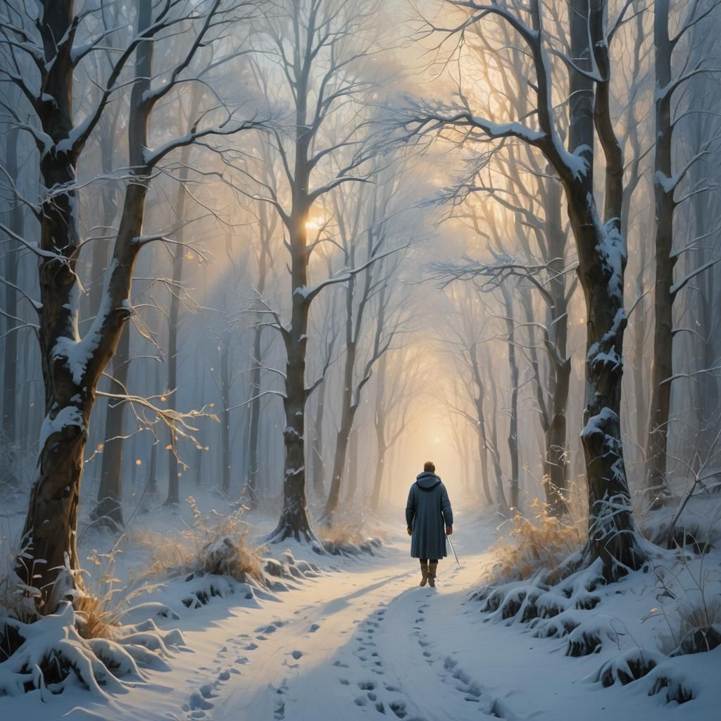 Ethereal Winter Forest Landscape in Oil Painting Style