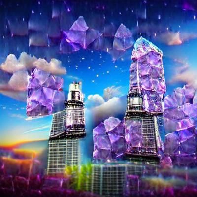 Crystal Towers Under Lilac Holographic Sky in 4K