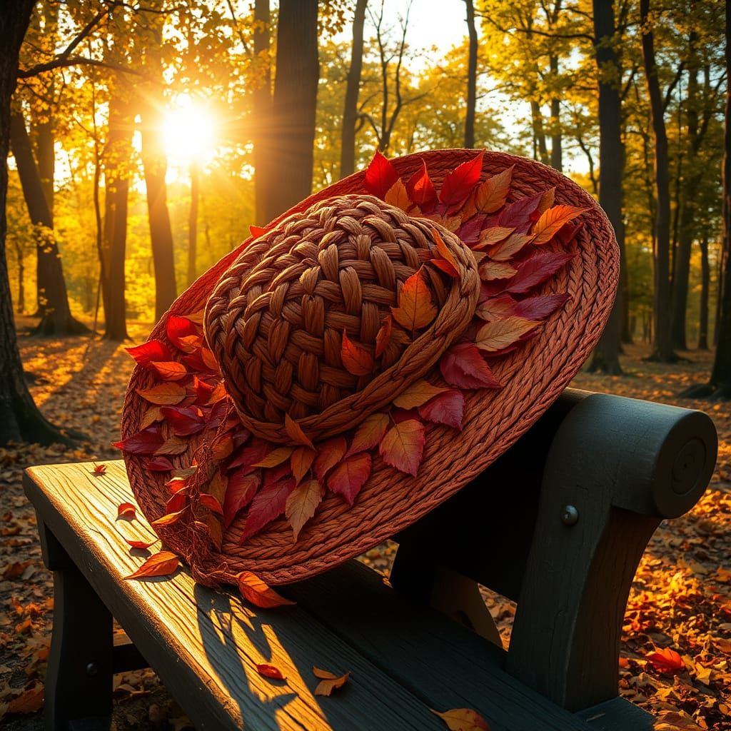 Autumn Leaf Hat on Forest Bench