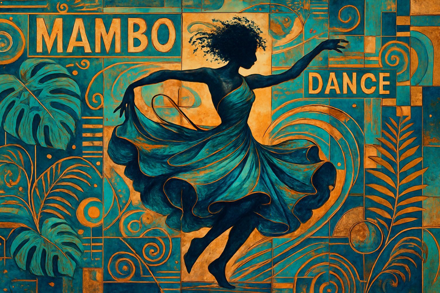 Vibrant Mambo Dancer in Kaleidoscopic Pop Art Collage