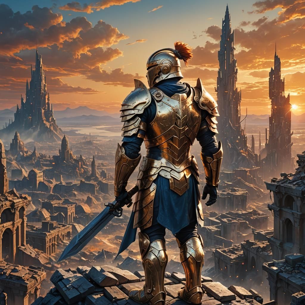Victorious Future Warrior Overlooking Ruined City