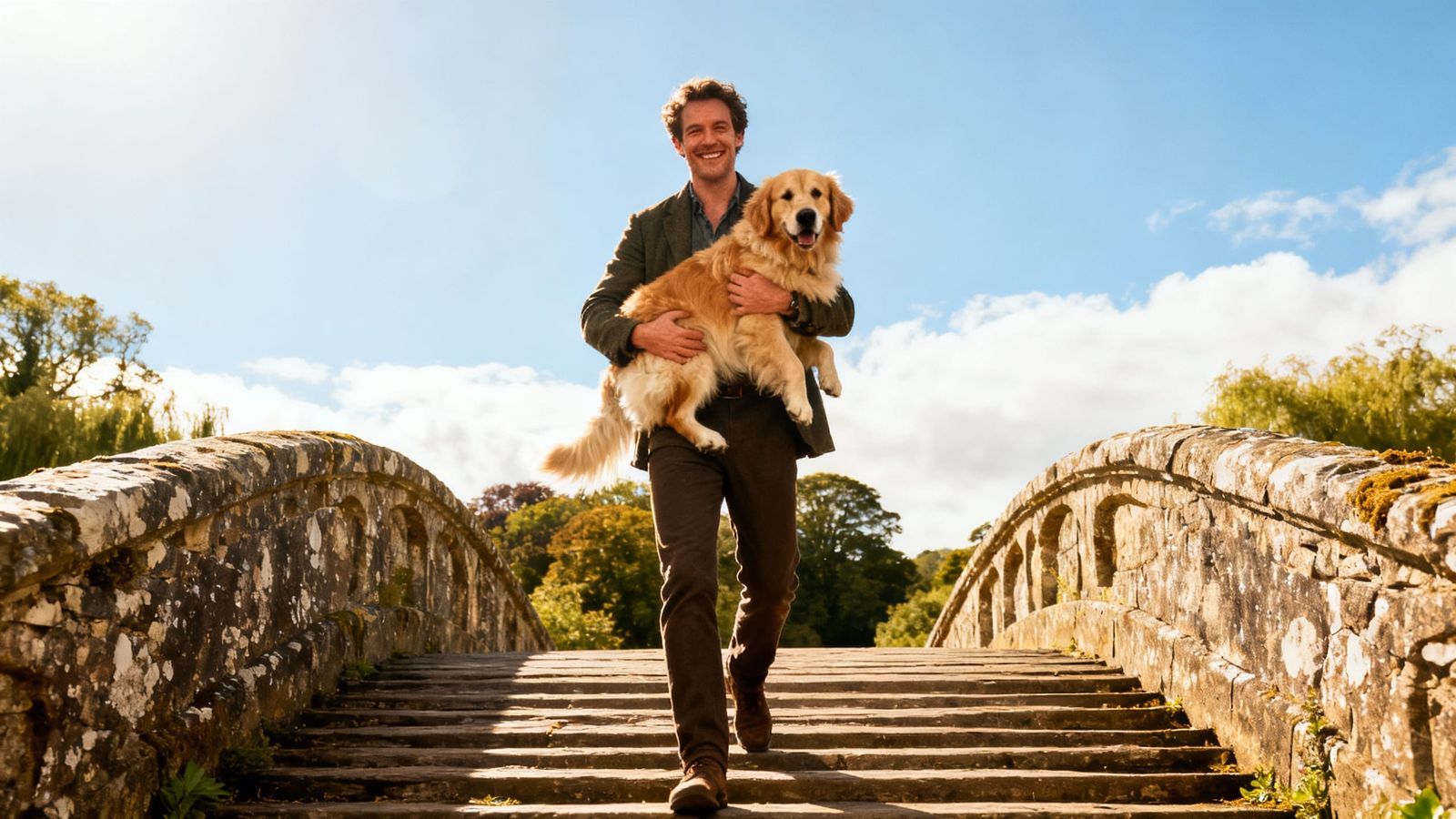 Man and Golden Retriever Walking Up a Sunny Bridge