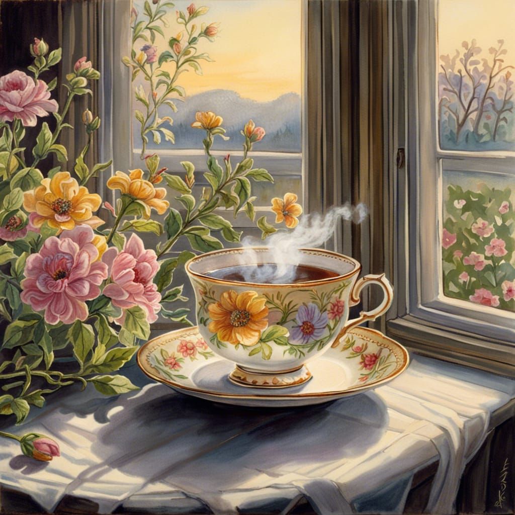 Flowered Teacup Still Life in Gouache Style