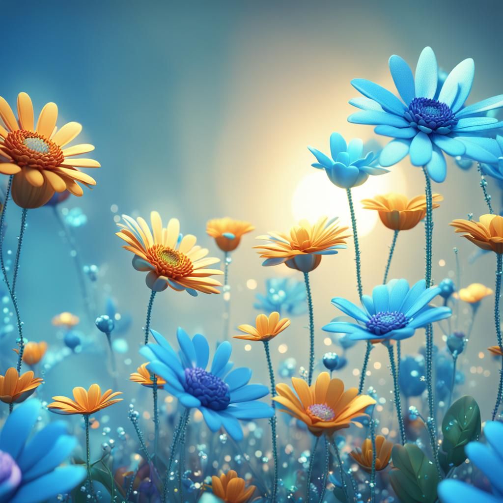 Light Blue Sparkling Flowers in 3D Style