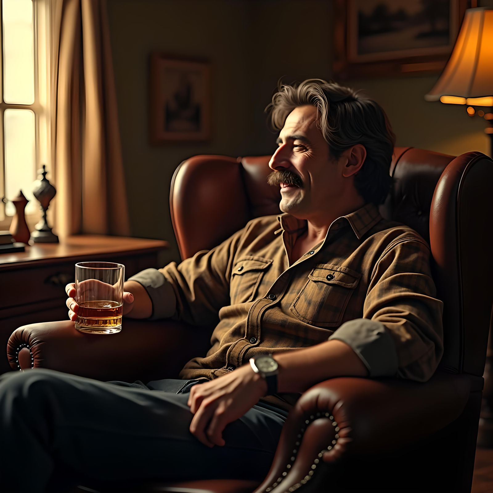 Man with Mustache in Dim Room, 8K 3D Render