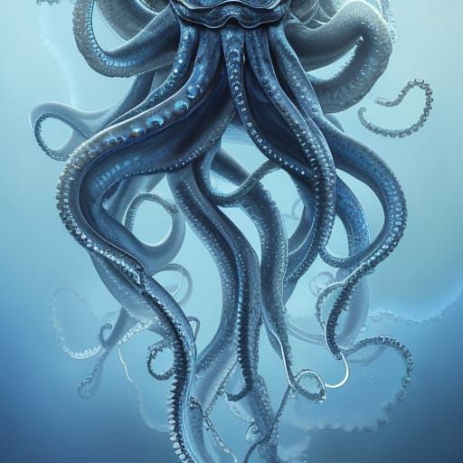 Luminous Blue Silver Octopus Portrait in Art Nouveau Style