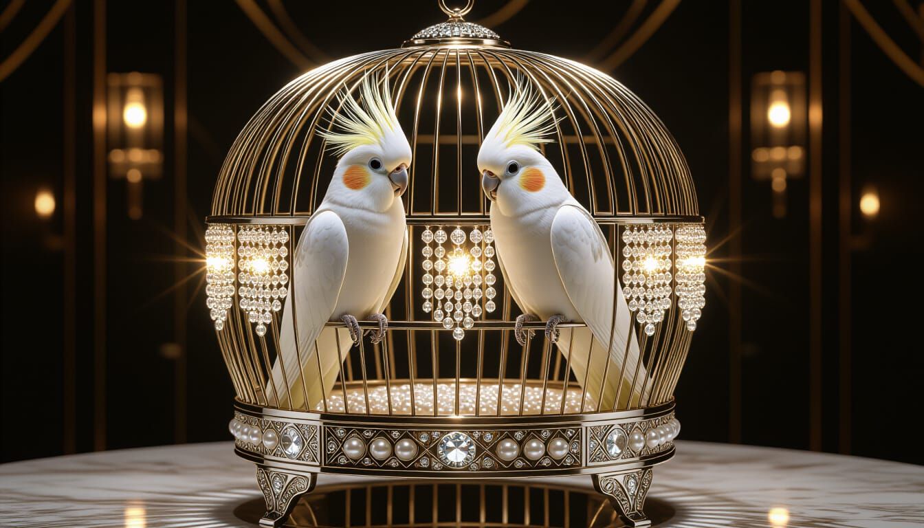 Art Deco Bird Cage with Cockatiels in Platinum and Diamonds