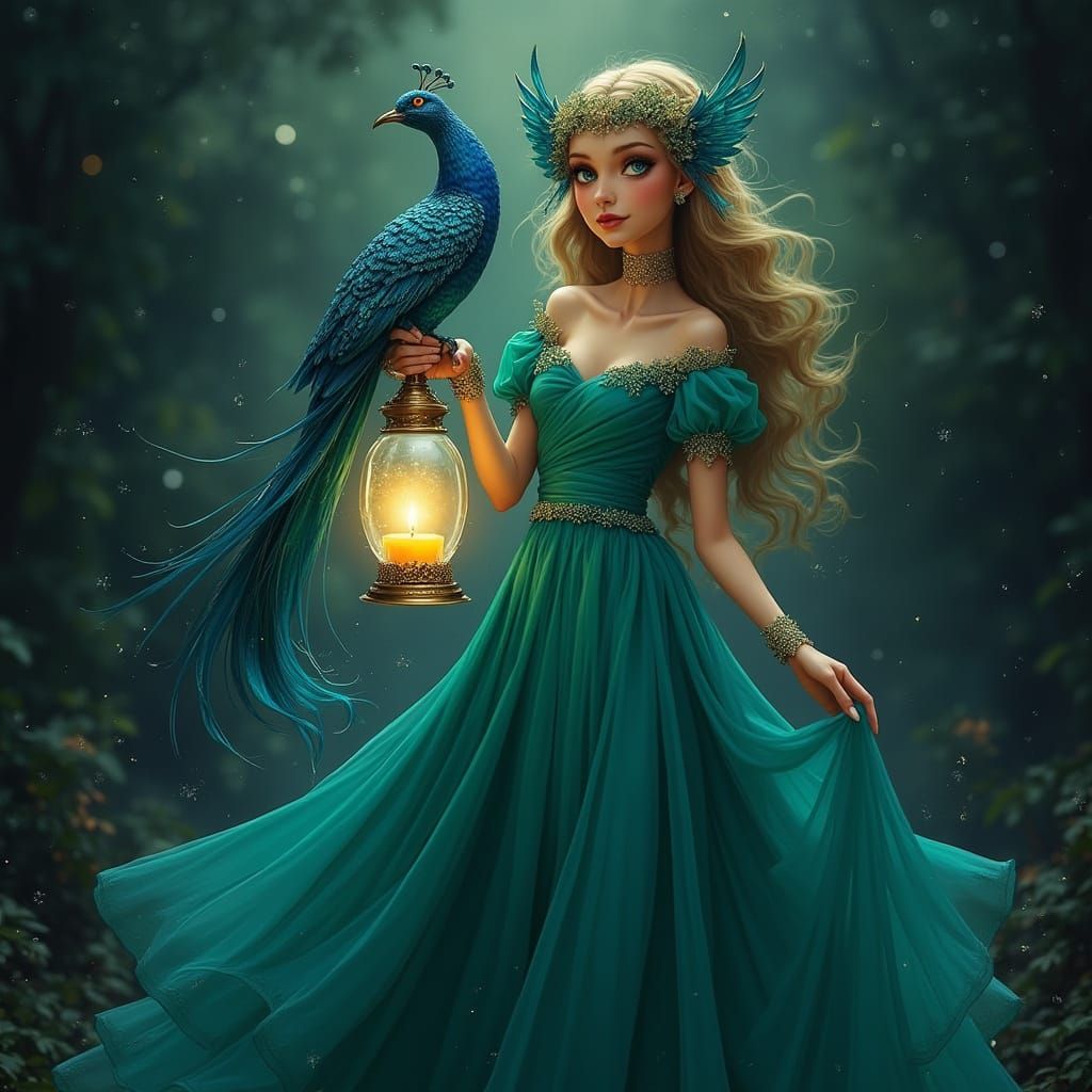Enchantress with Sapphire Bird Lantern, Fantasy Art