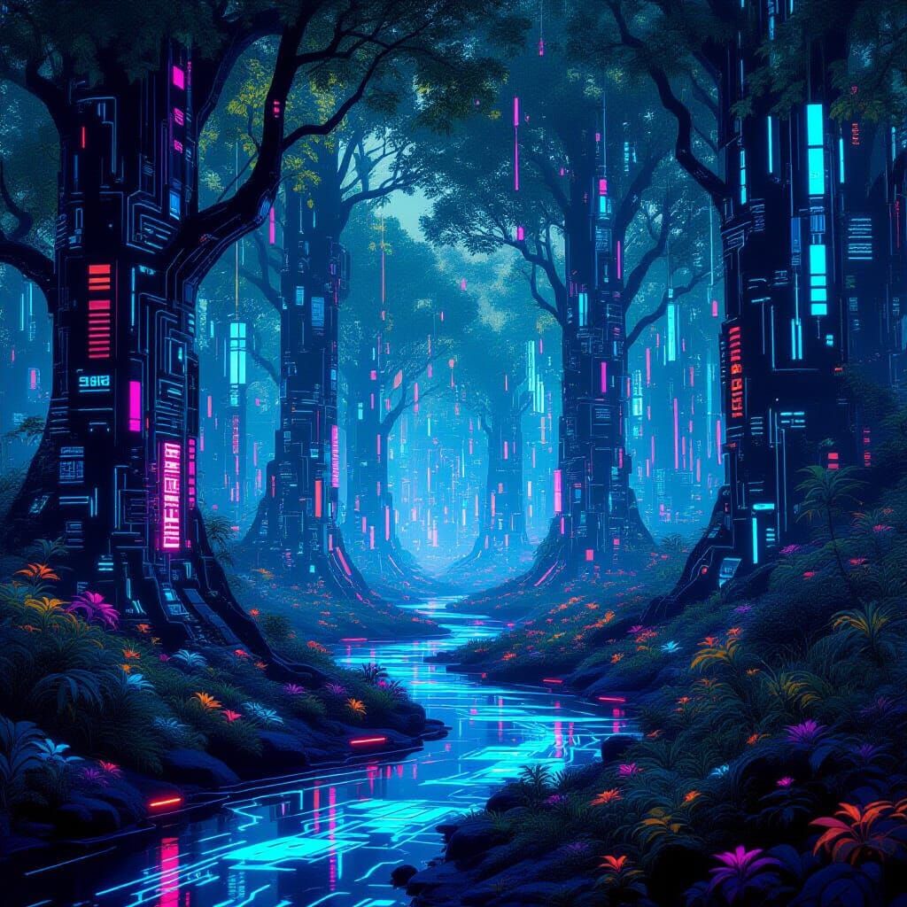 Digital Forest of Circuit Board Trees with Neon Data Streams