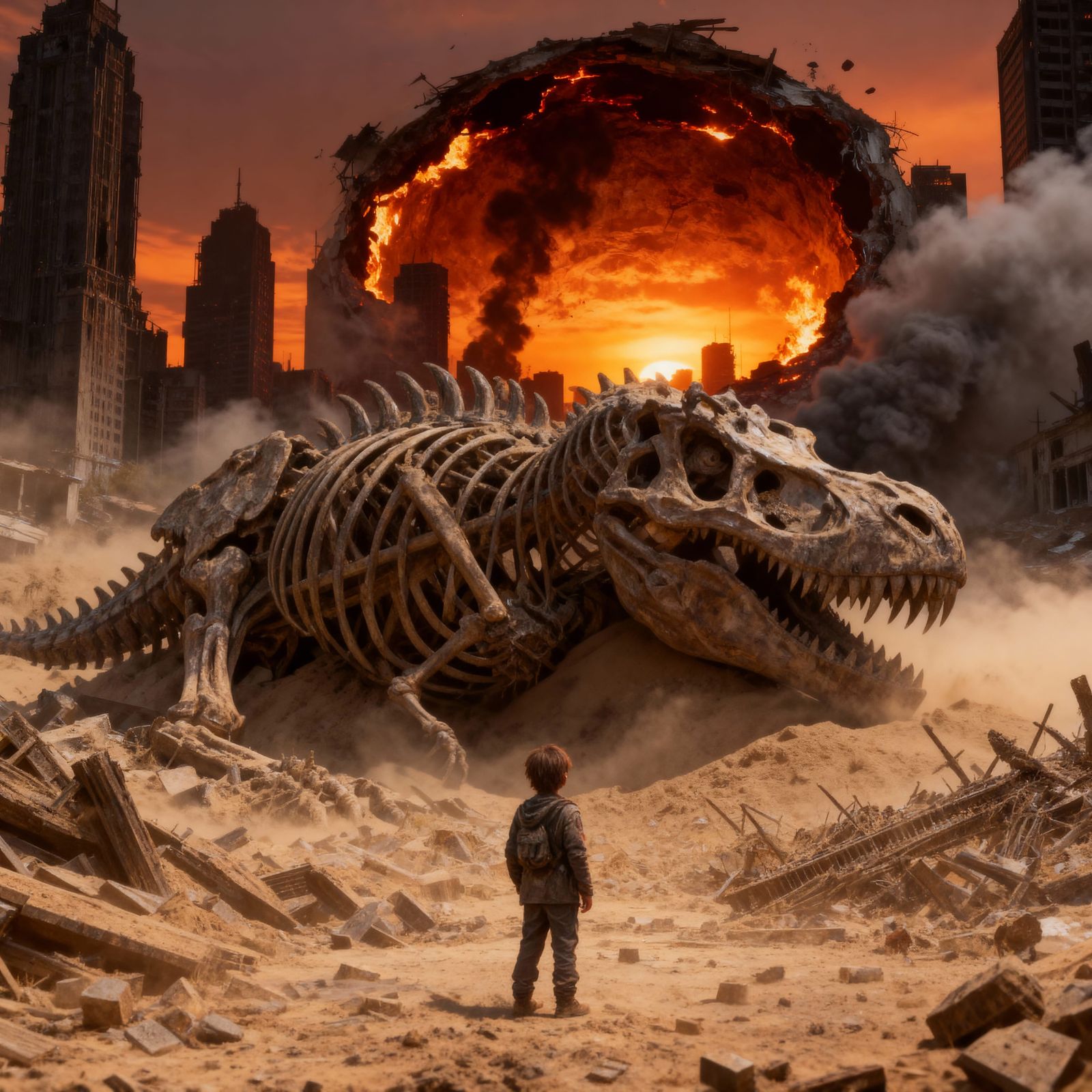 Boy Among T-Rex Skeleton in Post-Apocalyptic City Ruins