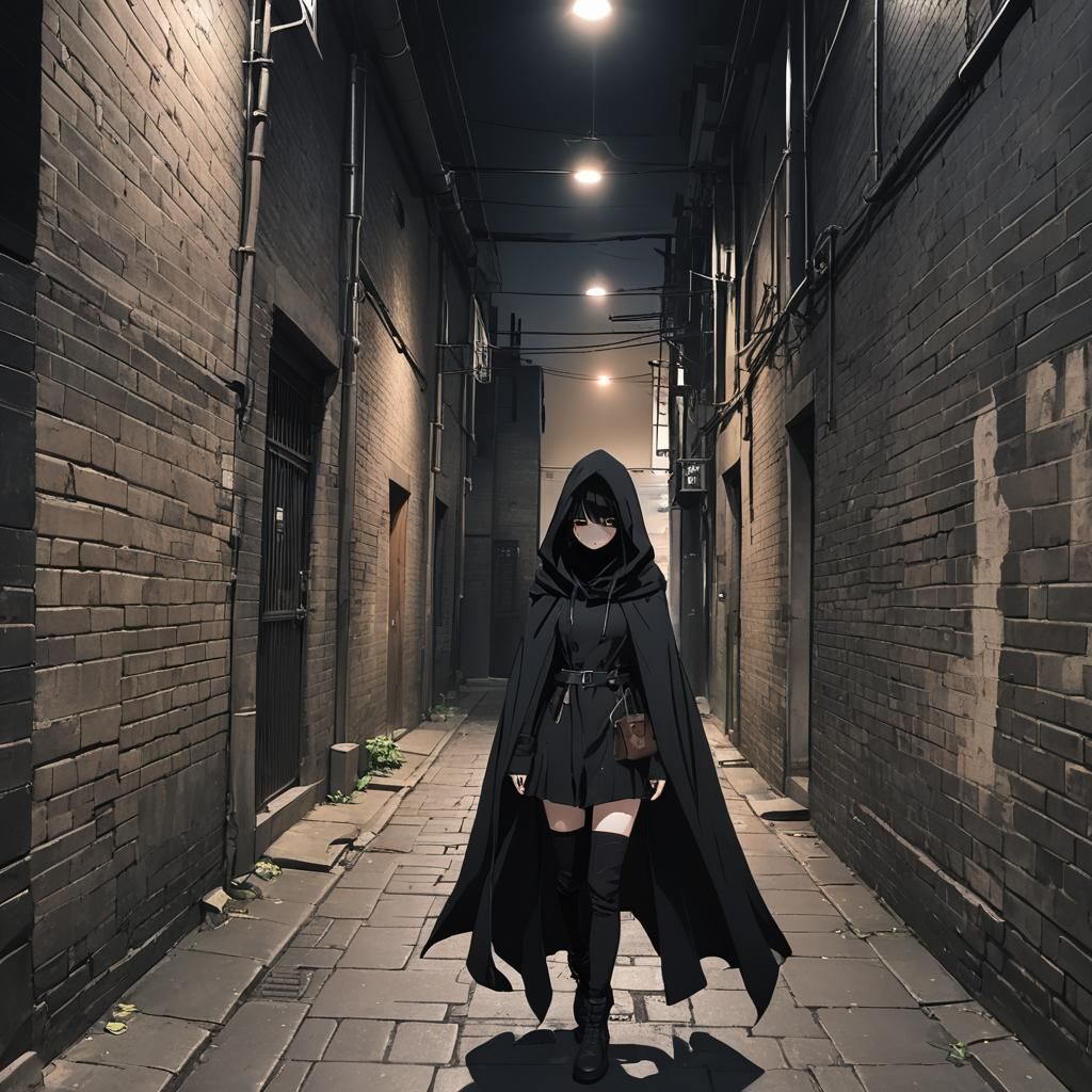 Anime Girl in Dark Alleyway: Detailed Matte Painting