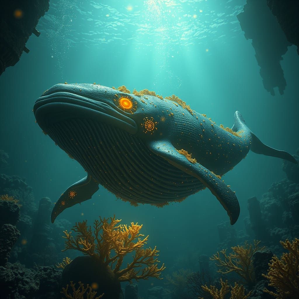 Surreal Deep-Sea Whale with Golden Bioluminescence