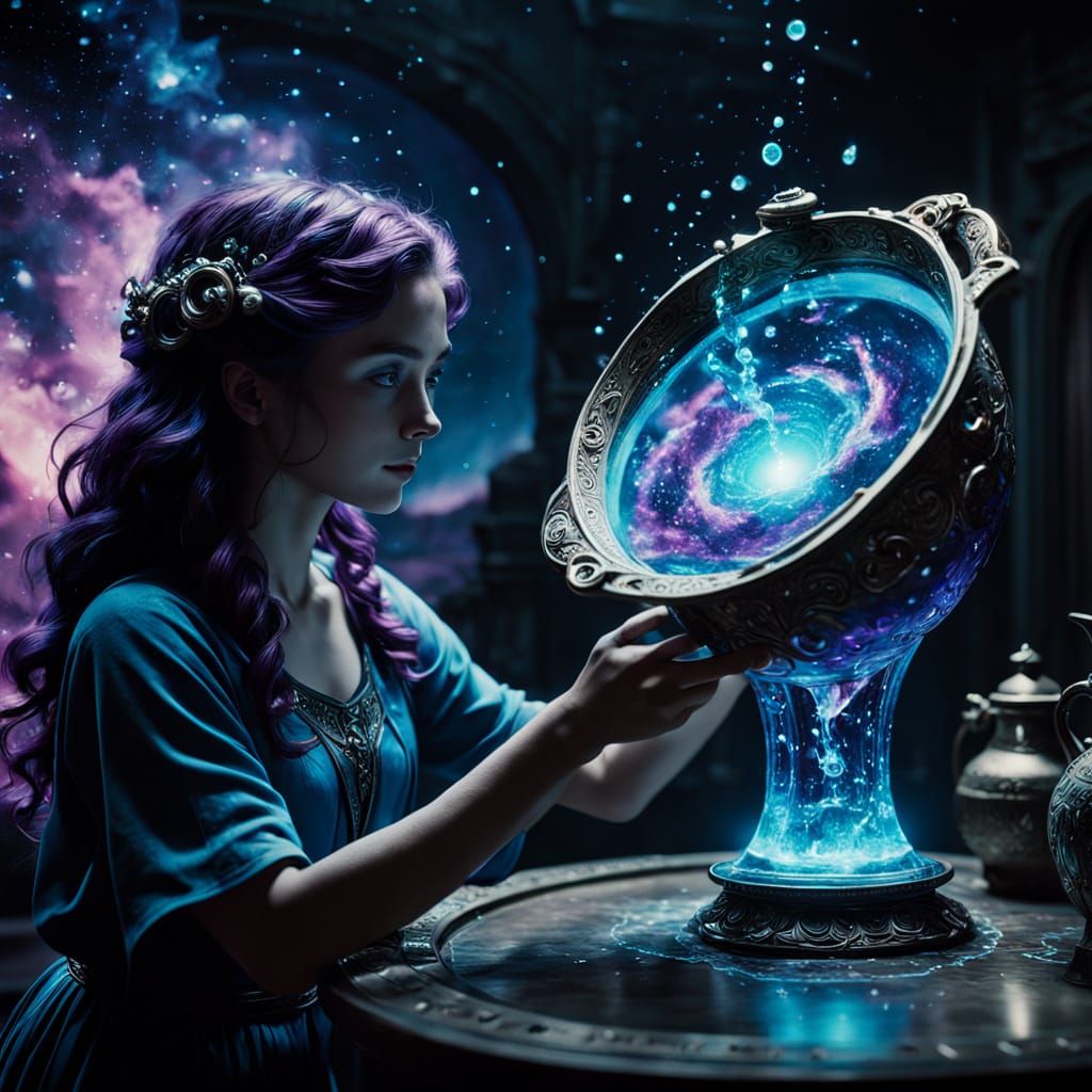 Celestial Water Bearer in Ethereal Cosmic Landscape