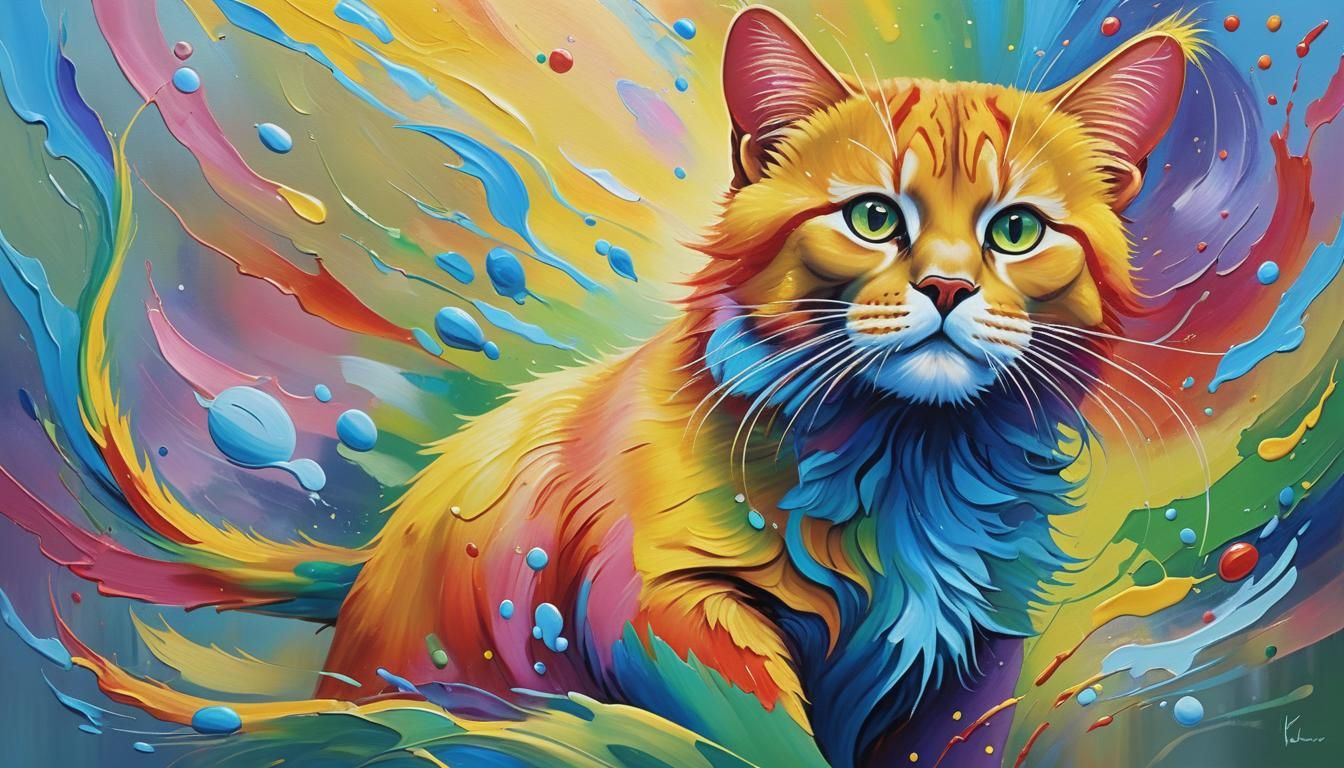 Rainbow Cat in Abstract Expressionist Oil Painting