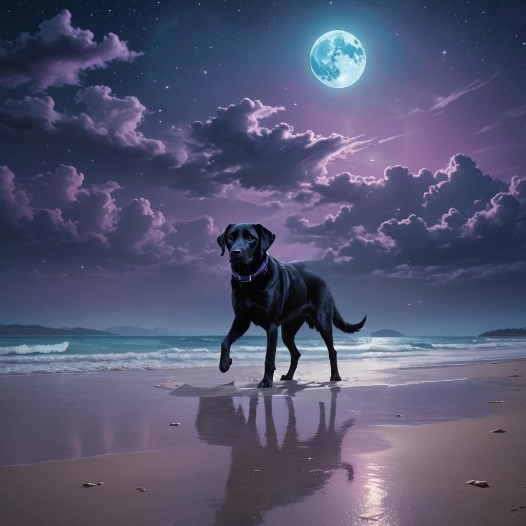 Majestic Labrador on Beach Under Blue Moon