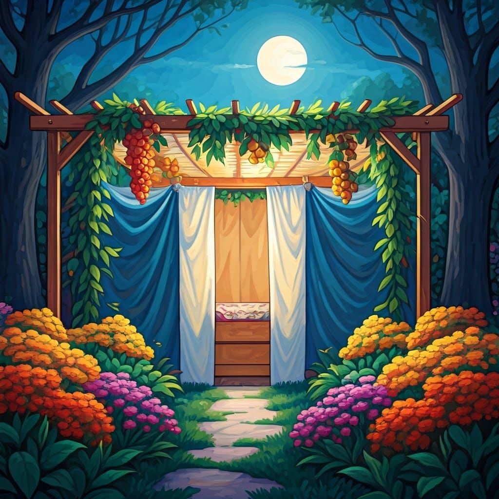 Sukkah in Moonlit Garden as Folk Art