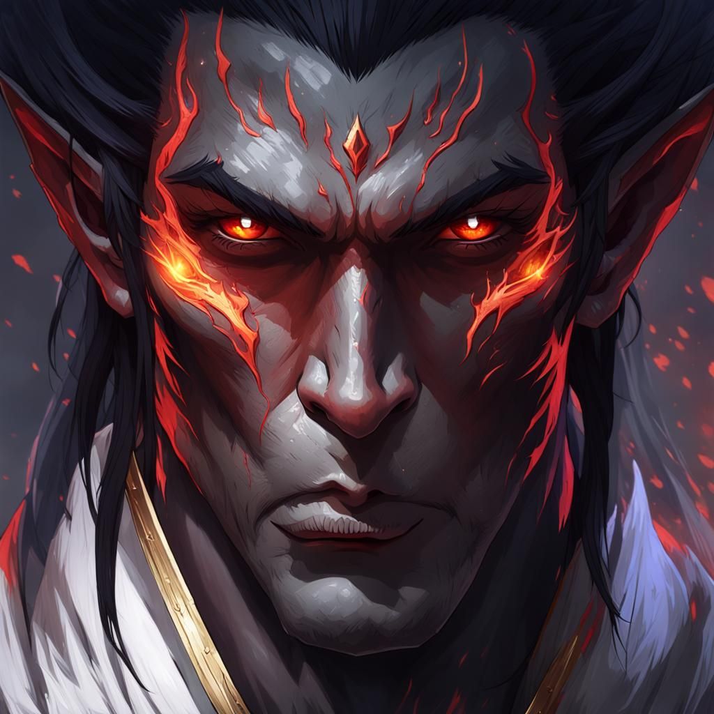 Dark Elf Portrait with Red Eyes and Black Flames