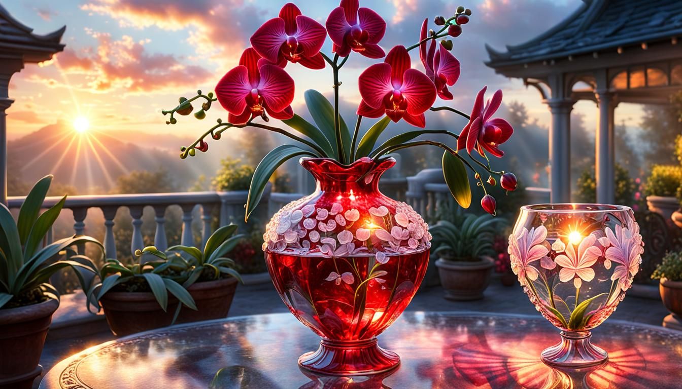 Ethereal Red Orchid Blossom at Sunset: Hyperrealistic 3D Ren...