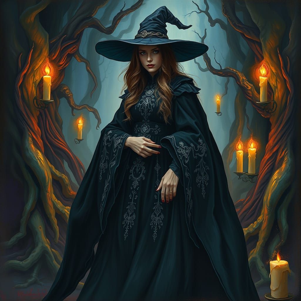 Enchanting Witch in Mystical Forest Scene