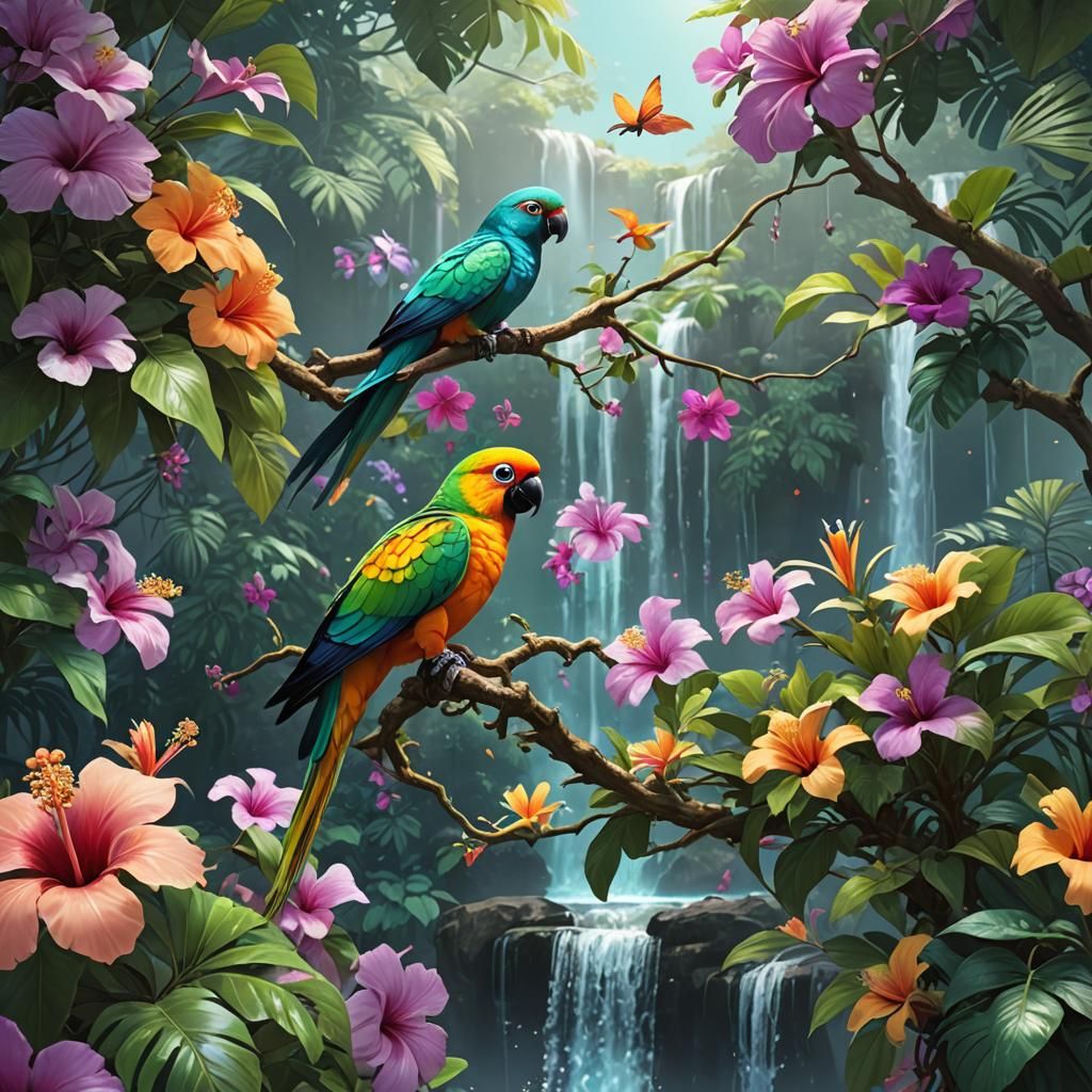 Iridescent Sun Conure in Anime Style Jungle