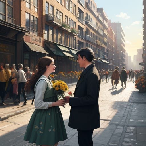 Kindness Blooms in Vibrant City Street Scene