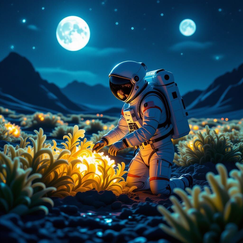Astronaut Tends Alien Kelp Under Twin Moons