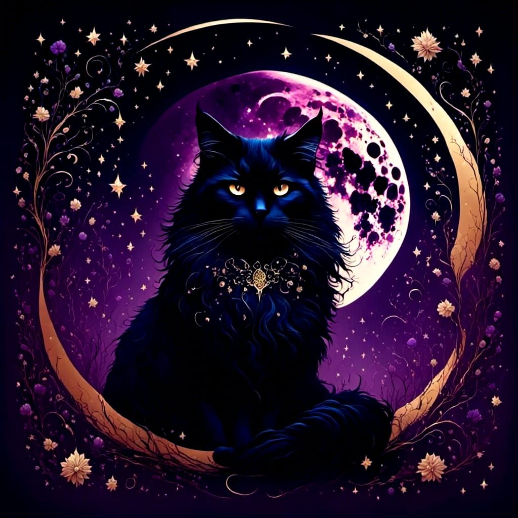 Maine Coon Cat on Crescent Moon with Stars