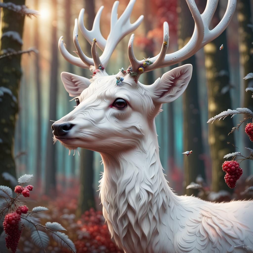 White Deer Portrait with Magical Berries in 3D