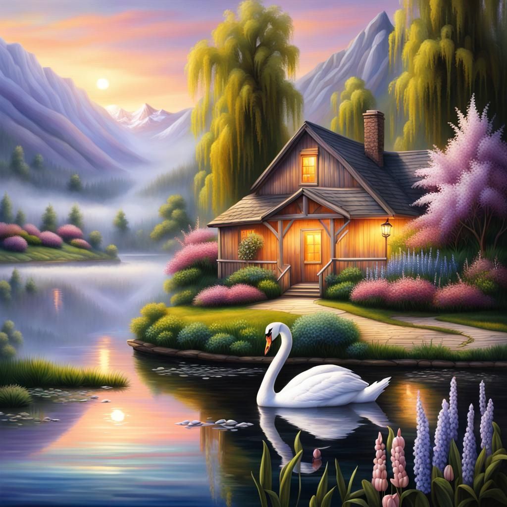 Hyperrealistic Sunrise Landscape with Swans: Oil Painting