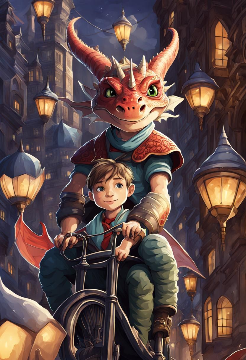 enfant et son ami dragon a vélo