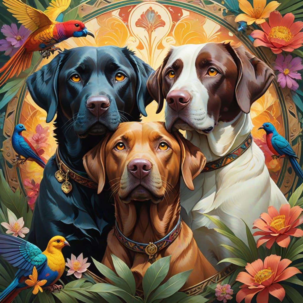 Vibrant Tropical Mandala Portraits of Cuddling Labradors